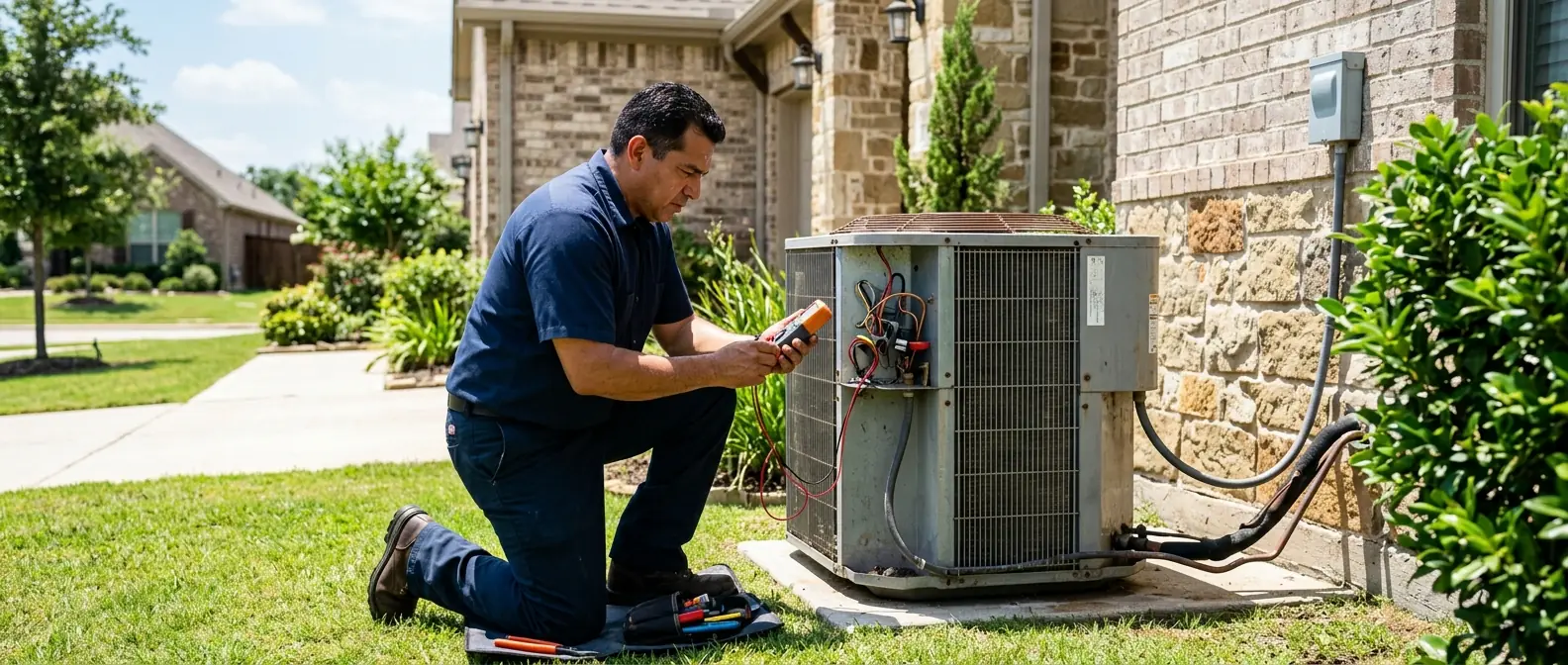 AC technician checking an outdoor condenser unit at a Frisco home